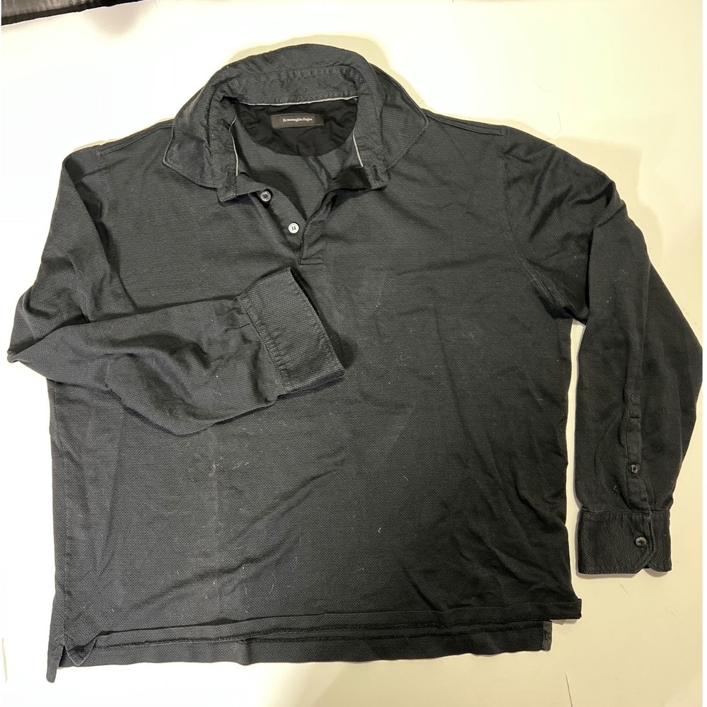 Ermenegildo Zegna Mens Long Sleeve Polo Shirt Black Grey Geometric Cotton XL